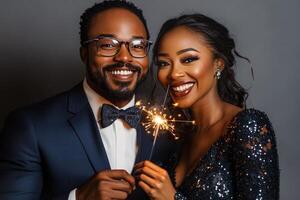Couple celebrating with a sparkler in stylish attire during a festive occasion at night photo