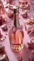 Celebrate with sparkling rose champagne bottles surrounded by festive decorations and gifts photo