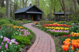 Cozy cottage surrounded by vibrant tulip gardens in springtime bloom photo