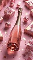 Celebrate with sparkling rose champagne bottles surrounded by festive decorations and gifts photo