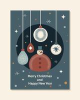 christmas card with different tree decorations and snowman. graphic art for xmas greetings vector