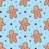 Gingerbread men, snowflakes, stars seamless pattern. Christmas or New Year background. Festive baked cookies, flat design, doodle style. vector