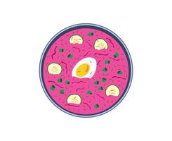 Cold beet soup in plate with egg, fresh herbs, cucumber and herbs. Isolated on white background. vector