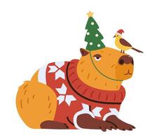 Cute capybara in Christmas sweater and funny hat with tiny bird sitting on its nose flat illustration isolated on white. vector