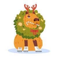 Cute capybara in Christmas wreath and ice skates eating candy cane flat illustration isolated on white. vector