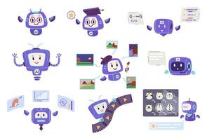 AI robot characters in different spheres analytics, education, motion and graphic design, medicine, programming, support chat bot flat illustrations set. vector