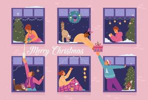 Merry Christmas greeting banner with people in windows celebrating flat illustrations. House front with neighbors in windows communicating. vector