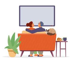 Couple with a cat watching TV together sitting on the couch flat illustration. View from the back. vector