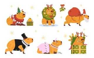 Cute and elegant capybaras in Christmas outfit Santa hats, deer antlers, sweater, ball dress, cylinder, sitting in gift box, carrying bag with toys, flat illustrations set isolated on white. vector