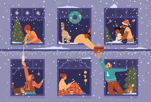 Christmas banner with people in windows celebrating flat illustrations. House front with neighbors in windows communicating. vector