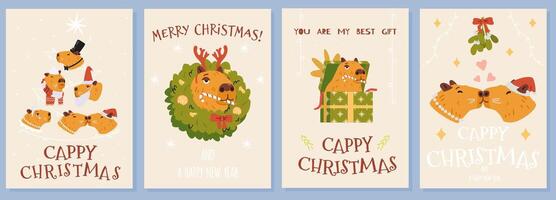 Merry Christmas and happy New Year greeting cards with funny capybara set. vector