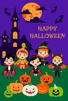 A group of children dressed in Halloween costumes are standing in front of a house. There are many pumpkins in the background vector
