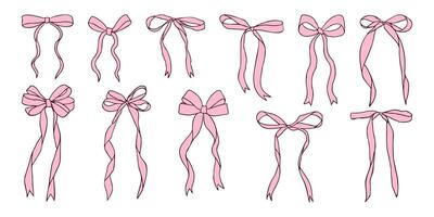 A row of pink bows are shown in various positions. The bows are all different sizes and are arranged in a line. Concept of elegance and femininity vector