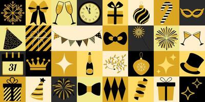 A black and yellow image of various party decorations including a crown, balloons, and a clock. The image is a collage of different shapes and sizes vector