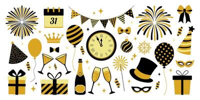 New year set. Banner with a black and gold background and a black and gold clock. There are many different shapes and sizes of balloons, some of which are in the foreground vector