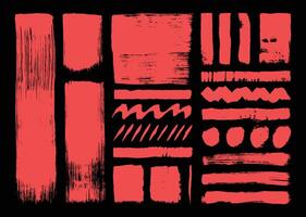 Red paint brush strokes element bundle. Straight and wavy lines, circle, and square shapes design collection. vector