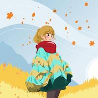 A girl stands on a field of grass and the wind blows dry leaves in autumn vector