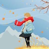 girl in blue jacket standing and in the wind in spring with an iceberg background vector