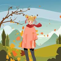 the girl in the scarf stands and is hit by the autumn wind vector