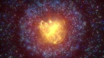 A golden, luminous nebula sphere with surrounding star-like particles in a cosmic space scene, exuding warmth and mystique background video