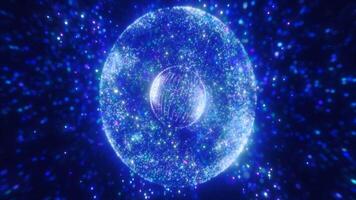 Bright blue sphere with a cosmic texture, floating against a dark background, suggesting a celestial body or energy source in deep space, in high quality 4k, motion design video