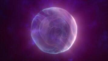 A glowing ethereal purple sphere with a soft flowing core floating against a dark mysterious background of energy mysticism, or abstract digital themes video