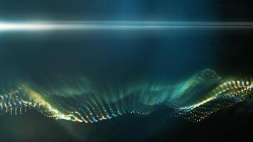 A green, glowing particle wave forms a dynamic curve, suggesting energy, sound, or data visualization on a dark background video