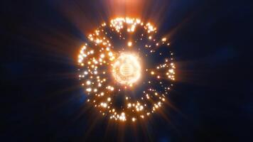 Glowing yellow sphere of light particles on a dark background, symbolizing energy and technology with a dynamic and futuristic feel video