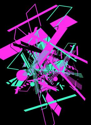 Abstract geometric design with pink and turquoise elements on black background.
