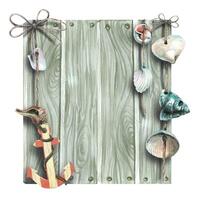 Wooden plaque with anchor and shells, square. Watercolor illustration. For the decoration and design of a beach bar, marine accessories, summer posters, menus, informational banners. vector