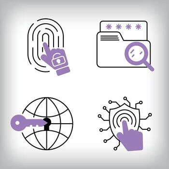 Unique set of 4 web technology, fingerprint and file security icons. Set of data security and personal access technologies. vector