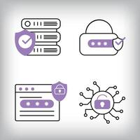 Unique 4-way lock, data filing and web page security icon set. Set of data security and personal access technologies. vector