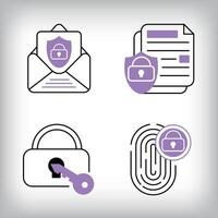 Unique 4-way lock, fingerprint and e-mail security icon set. Set of data security and personal access technologies. vector