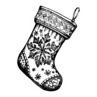 A black and white drawing of a Christmas stocking with snowflakes on it vector