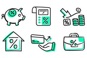 A set of six different financial symbols, including a piggy bank, a calculator vector