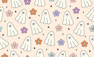 Funny Halloween seamless pattern in trendy groovy retro 70s style. Y2k collection. Retro y2k style. Cute Ghost and Daisy. Fun pumpkin character. illustration vector