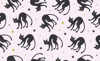 Funny Halloween seamless pattern in trendy groovy retro 70s style. Y2k collection. Cute Black Cat. Retro y2k style. Fun pumpkin character. illustration vector
