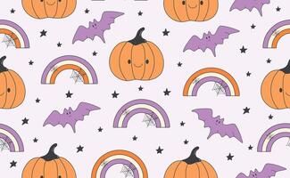 Funny Halloween seamless pattern in trendy groovy retro 70s style. Y2k collection. Cute Pumpkin, Rainbow, Bat. Retro y2k style. Fun pumpkin character. illustration vector