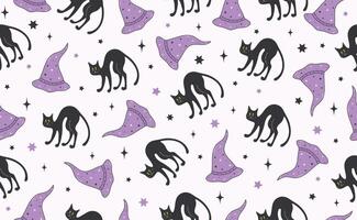 Funny Halloween seamless pattern in trendy Groovy Retro 70s style. Y2k collection. Retro y2k style. Cute Magic Hat and Cat. Fun pumpkin character. illustration vector