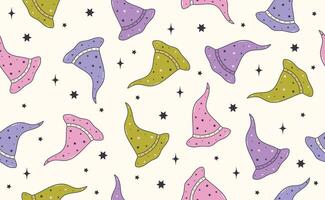 Funny Halloween seamless pattern in trendy Groovy Retro 70s style. Y2k collection. Retro y2k style. Cute Magic Hat and Star. Fun pumpkin character. illustration vector