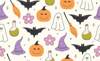 Funny Halloween seamless pattern in trendy groovy retro 70s style. Y2k collection. Cute Daisy and Pumpkin. Retro y2k style. Fun pumpkin character. illustration vector