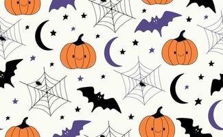 Funny Halloween seamless pattern in trendy groovy retro 70s style. Y2k collection. Cute Pumpkin, Bat,moon, spider's web. Retro y2k style. Fun pumpkin character. illustration vector