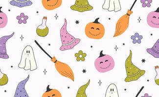 Funny Halloween seamless pattern in trendy groovy retro 70s style. Y2k collection. Cute Daisy, Pumpkin, Magic Hat, Broom, Potion, Ghost. Retro y2k style. Fun pumpkin character. illustration vector