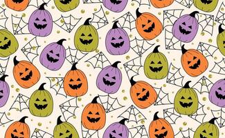 Funny Halloween seamless pattern in trendy groovy retro 70s style. Y2k collection. Cute Pumpkin and spider web. Retro y2k style. Fun pumpkin character. illustration vector