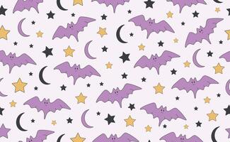 Funny Halloween seamless pattern in trendy groovy retro 70s style. Y2k collection. Cute Bat, Star. Retro y2k style. Fun pumpkin character. illustration vector