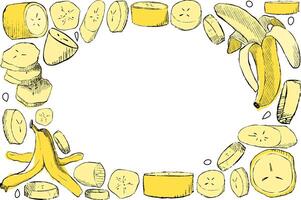 Summer greeting card with full bananas and skin and slices in oval ellipse frame template for your text. graphic illustration Perfect for holiday invitations vector