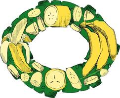 Summer greeting card with bananas and palm leaves in oval ellipse frame. Perfect template for holiday invitations, your text vector