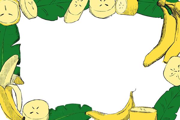 Graphic rectangle frame with banana tree leaves and bananas slices. Hand drawn botanical illustration isolated on white background. For clip art cards invitation label package