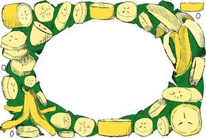 Oval ellipse Frame made of graphic Yellow Bananas and green tropical leaves on white background. Single Banana, Peeled Bunch, Slices illustration template for your text vector
