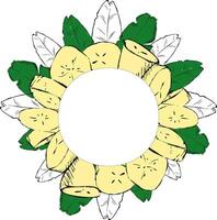 Background circle round frame with banana slices and tropical leaves green and transparent. graphic illustration. Ideal for designing menus, price tags, labels and packaging vector